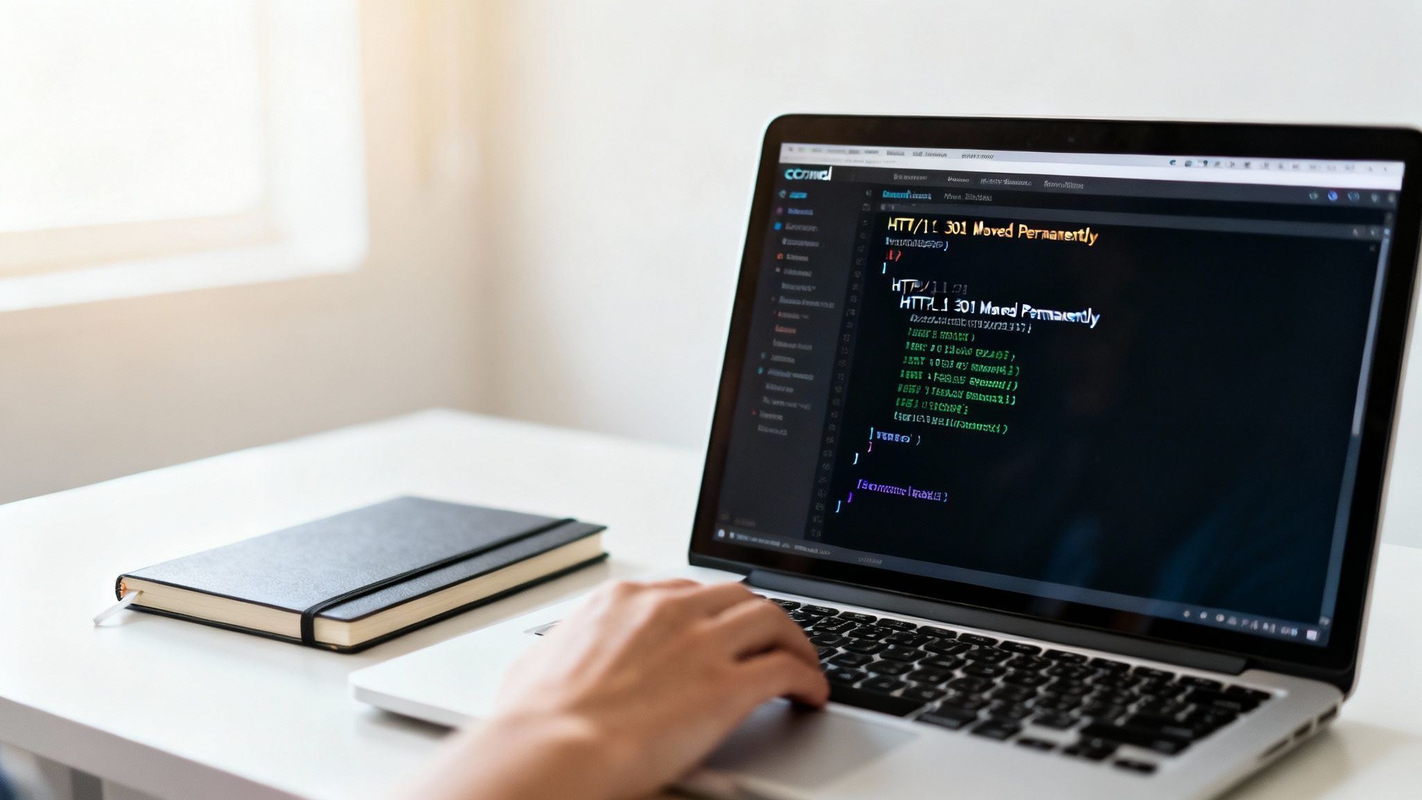 Una persona usa un portátil para programar, mostrando una configuración HTTP/301, con una libreta en el escritorio.