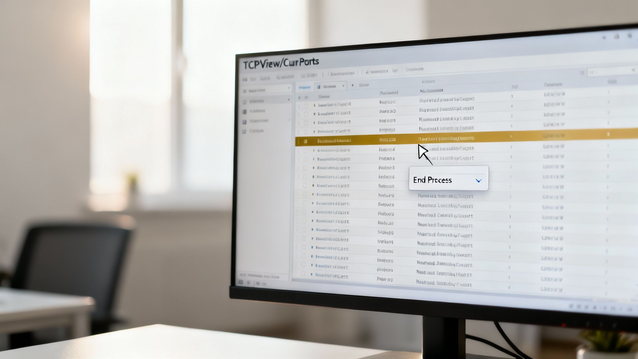 Una captura de pantalla de la herramienta TCPView mostrando una lista de conexiones de red activas, con detalles como el proceso, PID, protocolo, y direcciones locales y remotas.