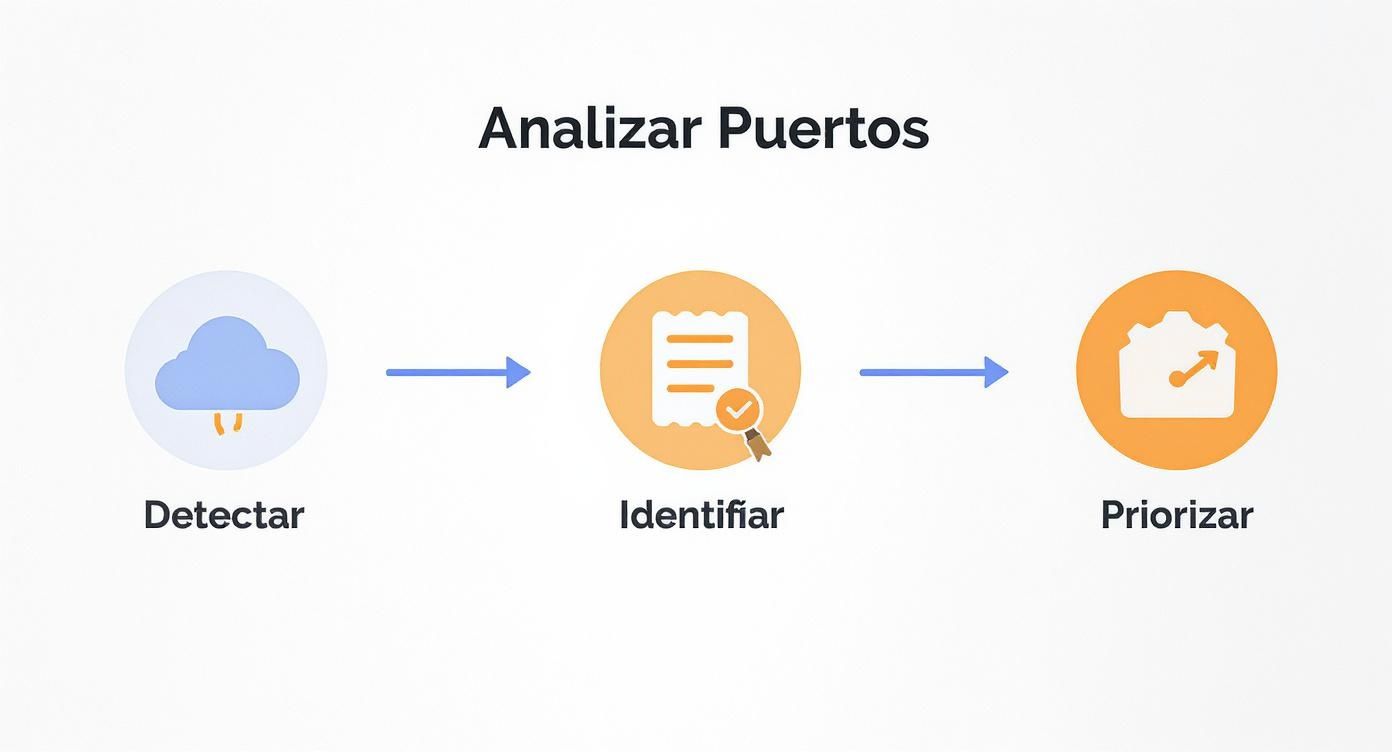 Diagrama de flujo de tres pasos para analizar puertos: detectar, identificar y priorizar.
