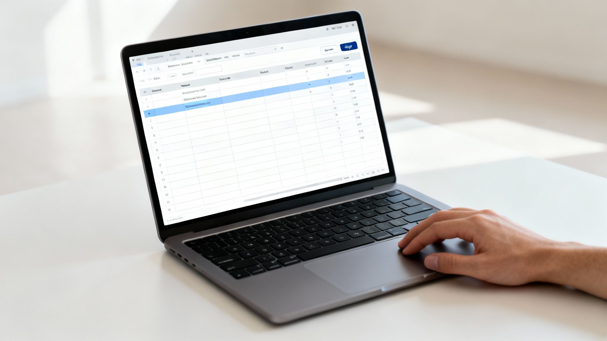 Persona trabajando en laptop con hoja de cálculo de base de datos y comandos SQL