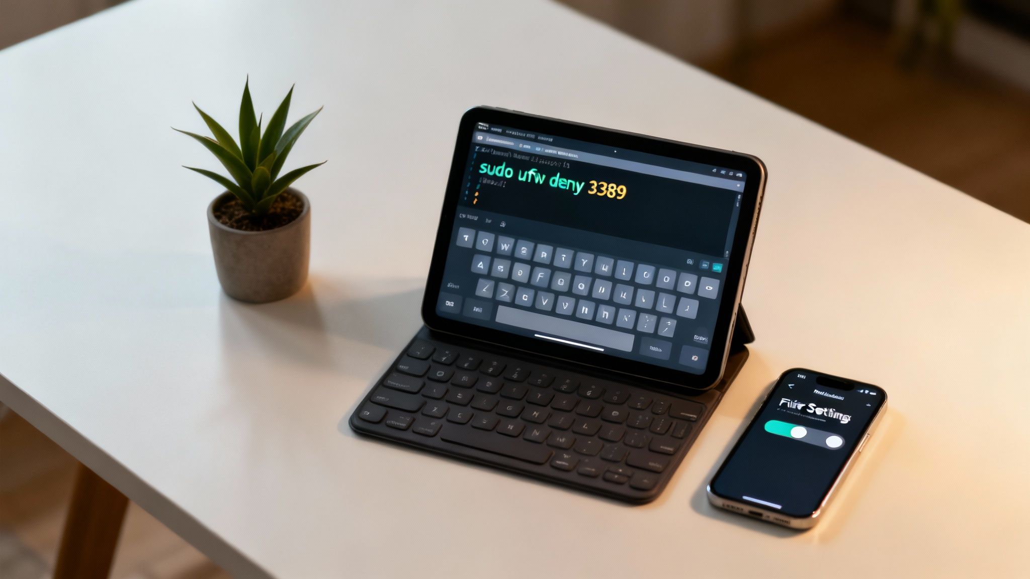 Una imagen estilizada de un candado digital cerrándose, simbolizando la seguridad de la red y el cierre de puertos vulnerables.