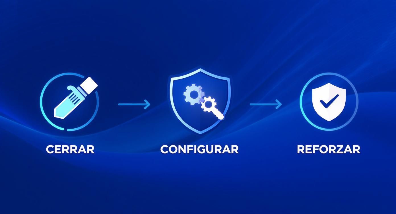 Infografía que muestra el proceso de remediación de puertos en tres pasos: Cerrar, Configurar y Reforzar, cada uno con un icono representativo.