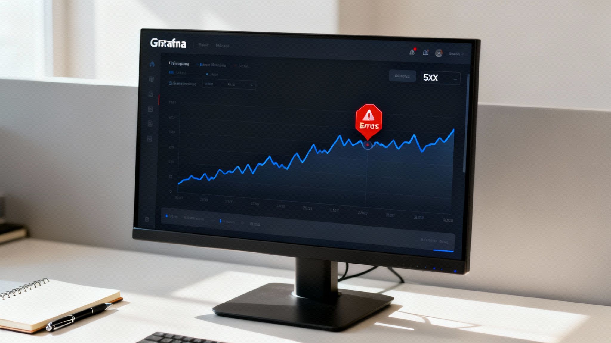 Monitor con dashboard de Grafana mostrando un gráfico de línea azul y una alerta de errores 5XX en un escritorio.