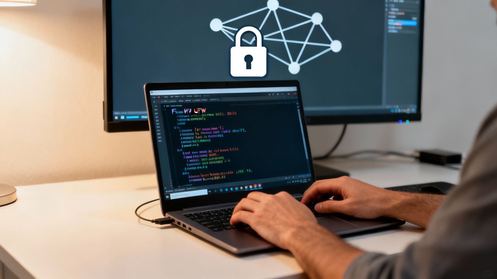 Una ilustración de un firewall digital bloqueando el acceso no autorizado a una red.