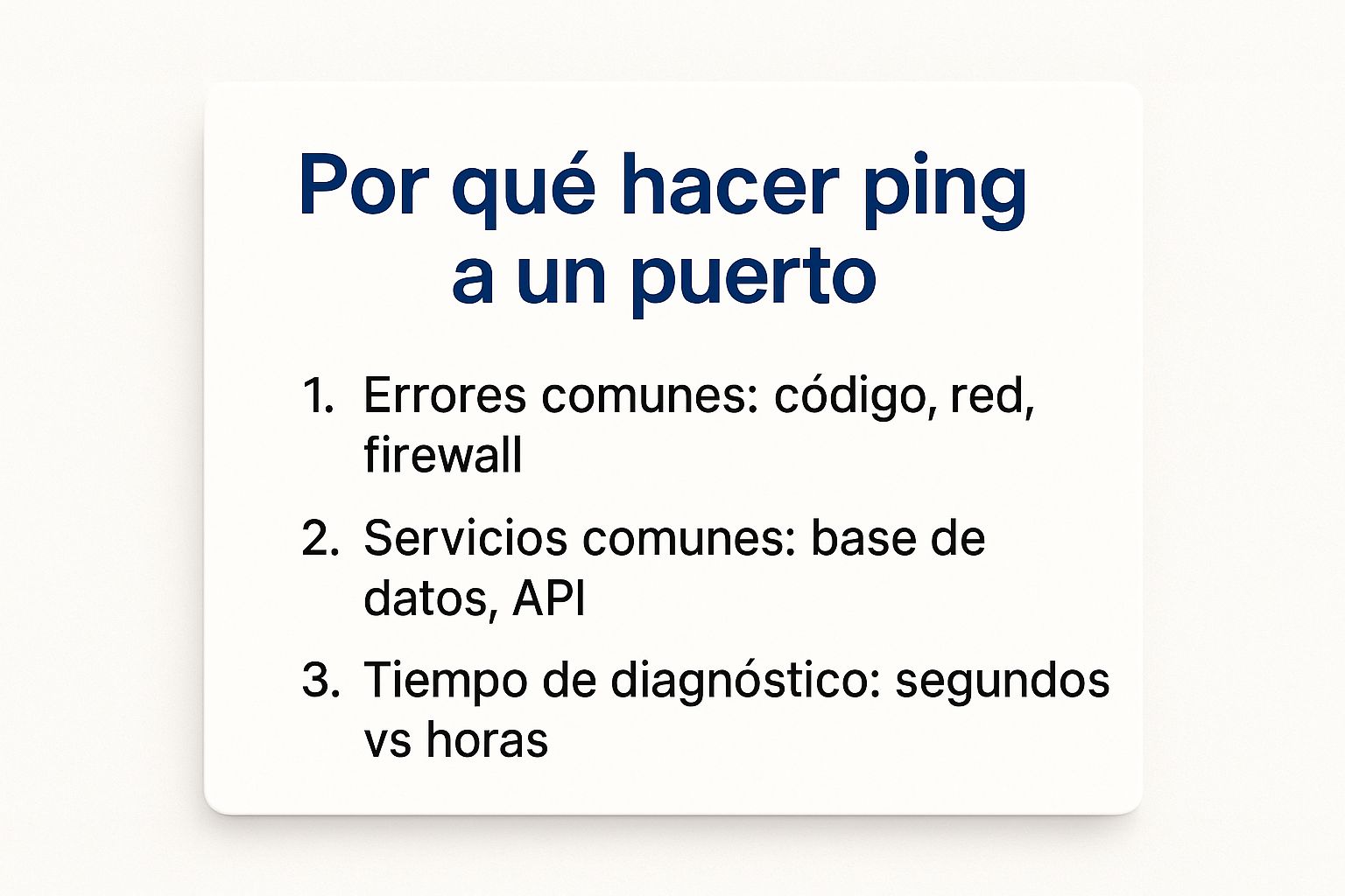 Infografía que resume por qué es importante hacer ping a un puerto, destacando errores comunes, servicios típicos y el ahorro de tiempo en el diagnóstico.