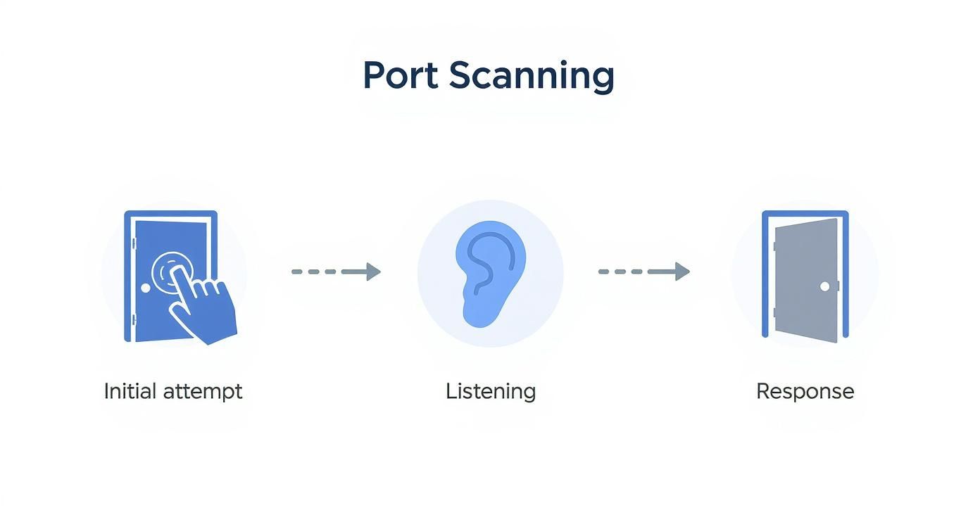 Diagrama del proceso de escaneo de puertos mostrando intento inicial, escucha y respuesta del sistema