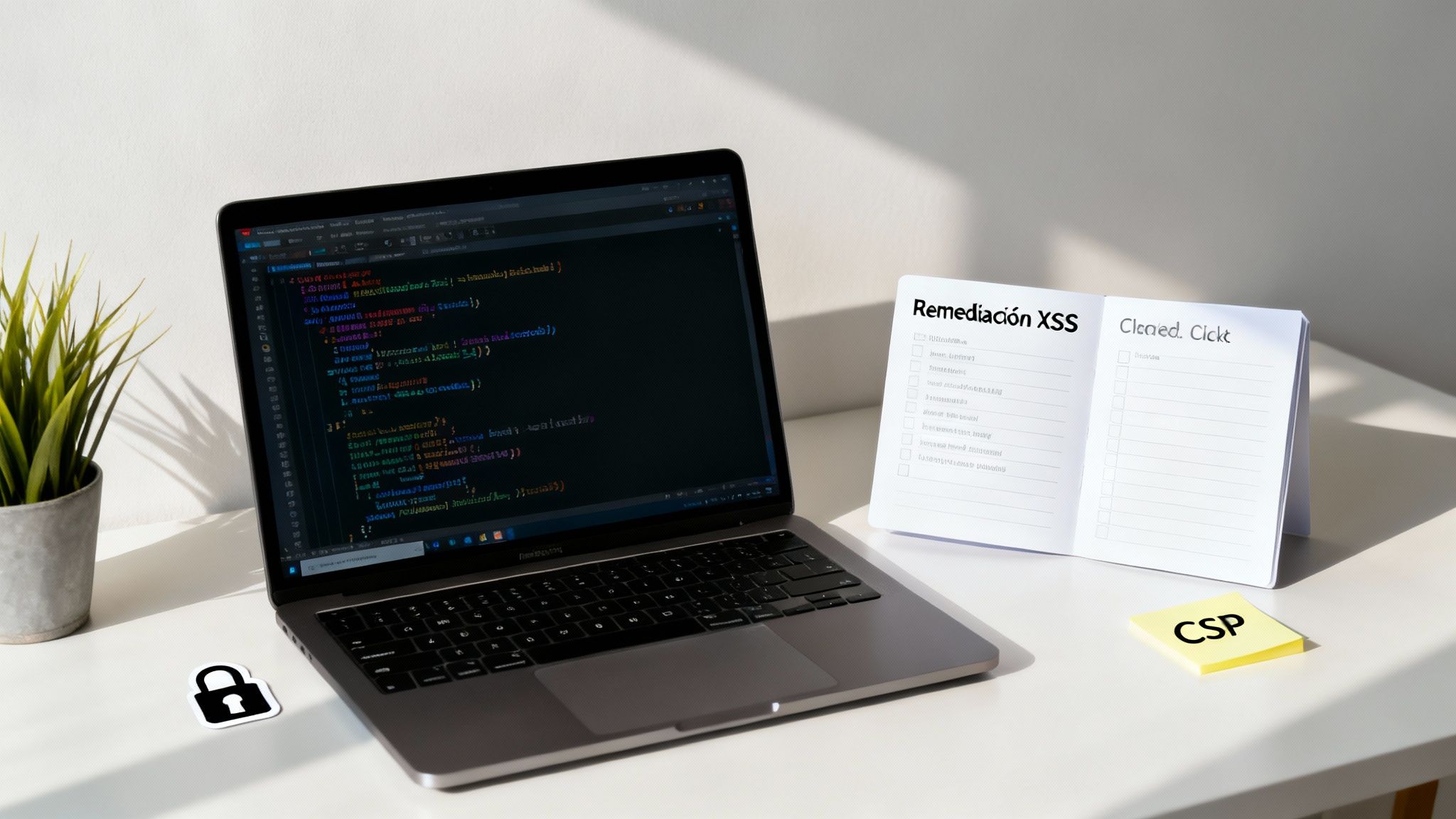Una persona trabajando en un ordenador con candados y escudos de seguridad flotando alrededor, simbolizando la remediación y prevención de ciberataques.