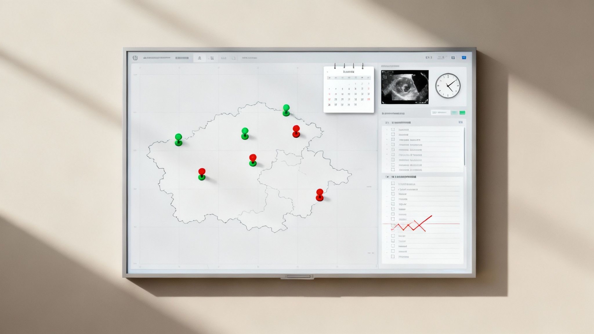 Una pantalla grande muestra un mapa con ubicaciones, un calendario, una ecografía médica y datos operativos.
