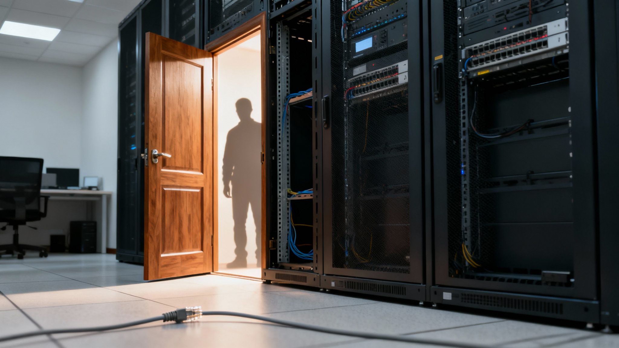 Ilustración de una puerta digital abierta en una pared de ladrillos, simbolizando un puerto de red expuesto y vulnerable.