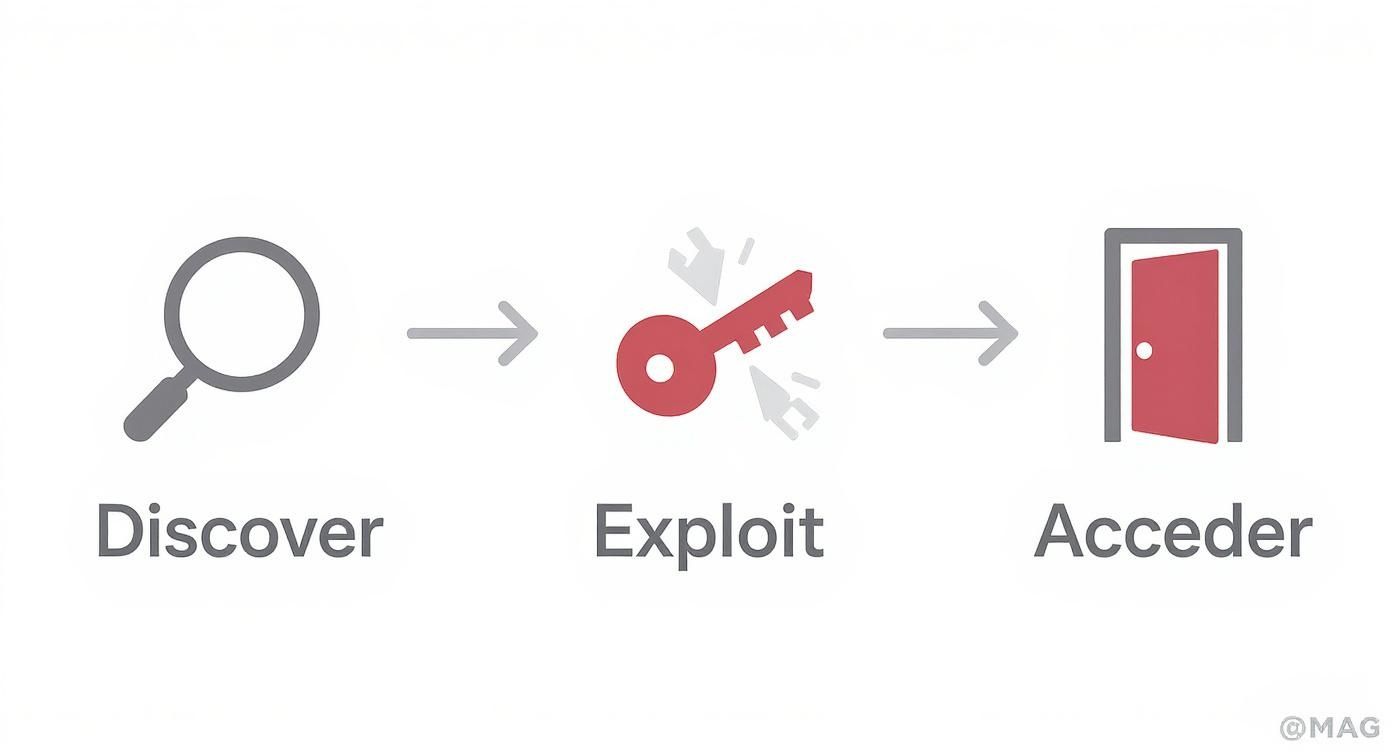 Diagrama ilustrando las tres fases de ciberseguridad: descubrir vulnerabilidades, explotar debilidad y acceder al sistema