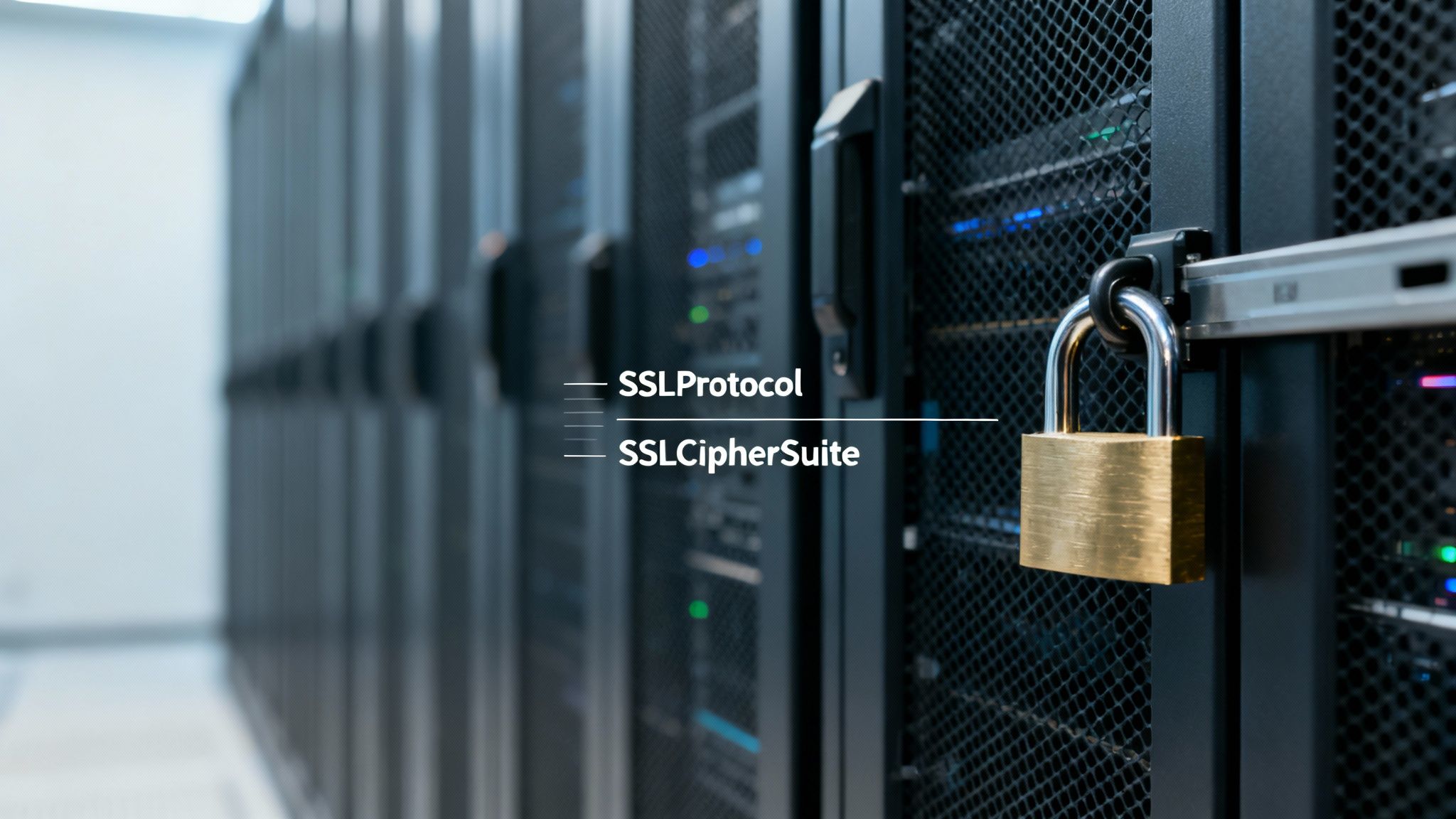 Servidores de datos seguros con candado mostrando protocolos SSL y suites de cifrado para configuración Apache