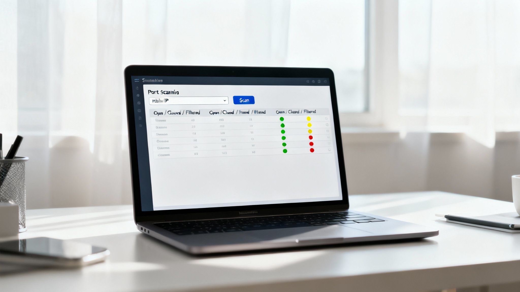 Interfaz de un escáner de puertos online, mostrando opciones para iniciar un análisis de puertos comunes.