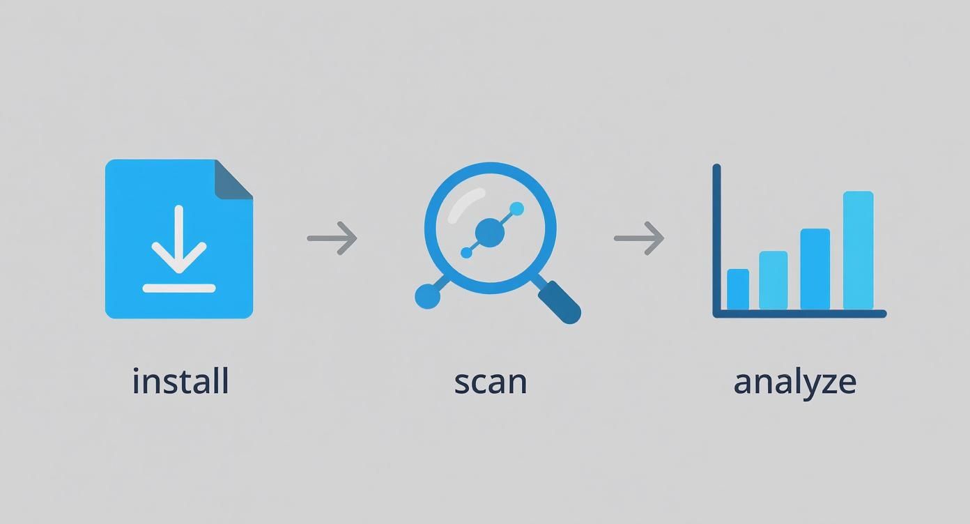 Infografía que muestra un proceso de escaneo de puertos en tres pasos: Instalar, Escanear y Analizar.