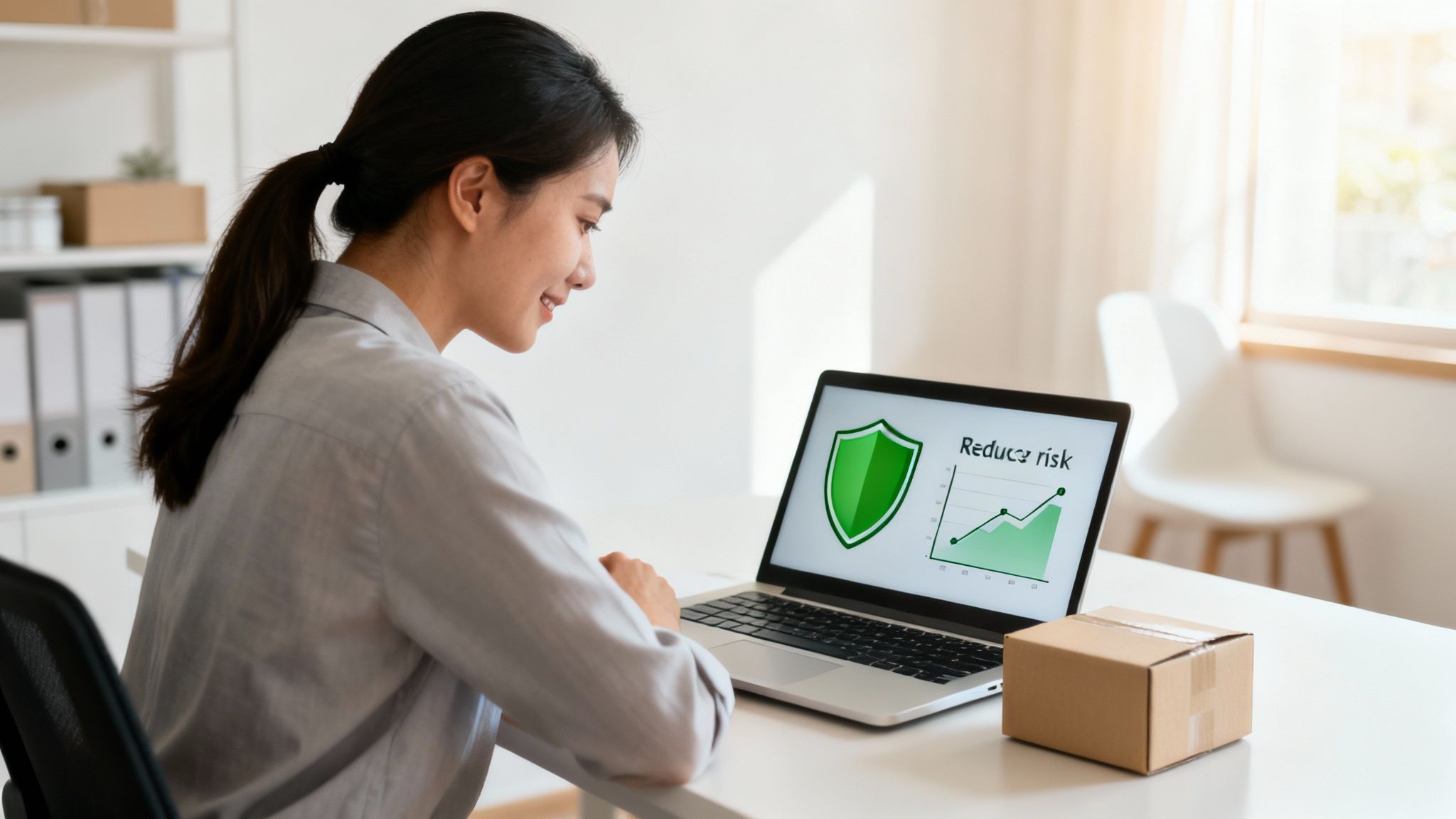 Mujer sonriente mira portátil con gráfico de 'Reducir riesgo', ícono de escudo y un paquete en el escritorio.