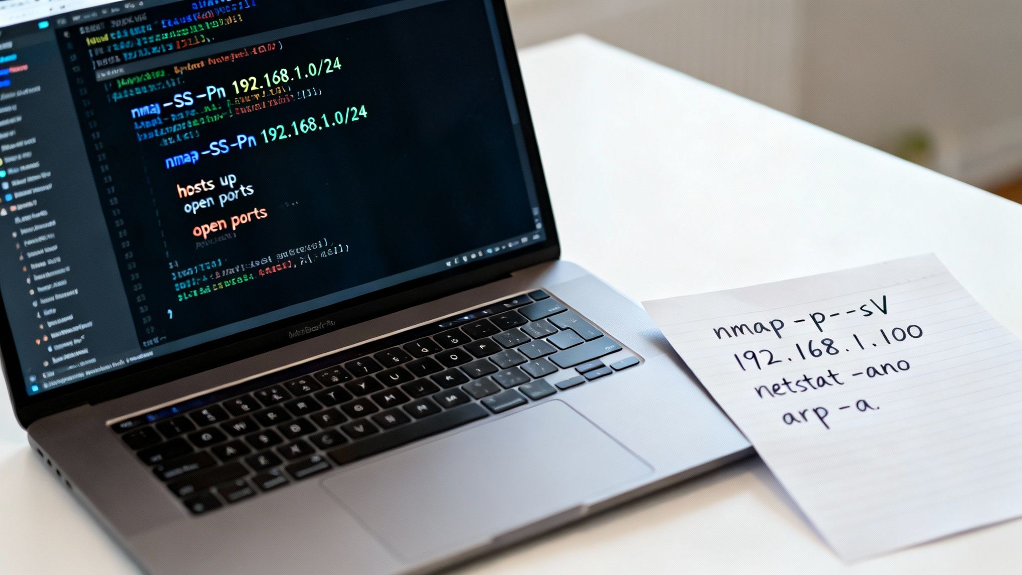 Un portátil muestra comandos de Nmap para escanear redes y una nota escrita a mano con más comandos de ciberseguridad.