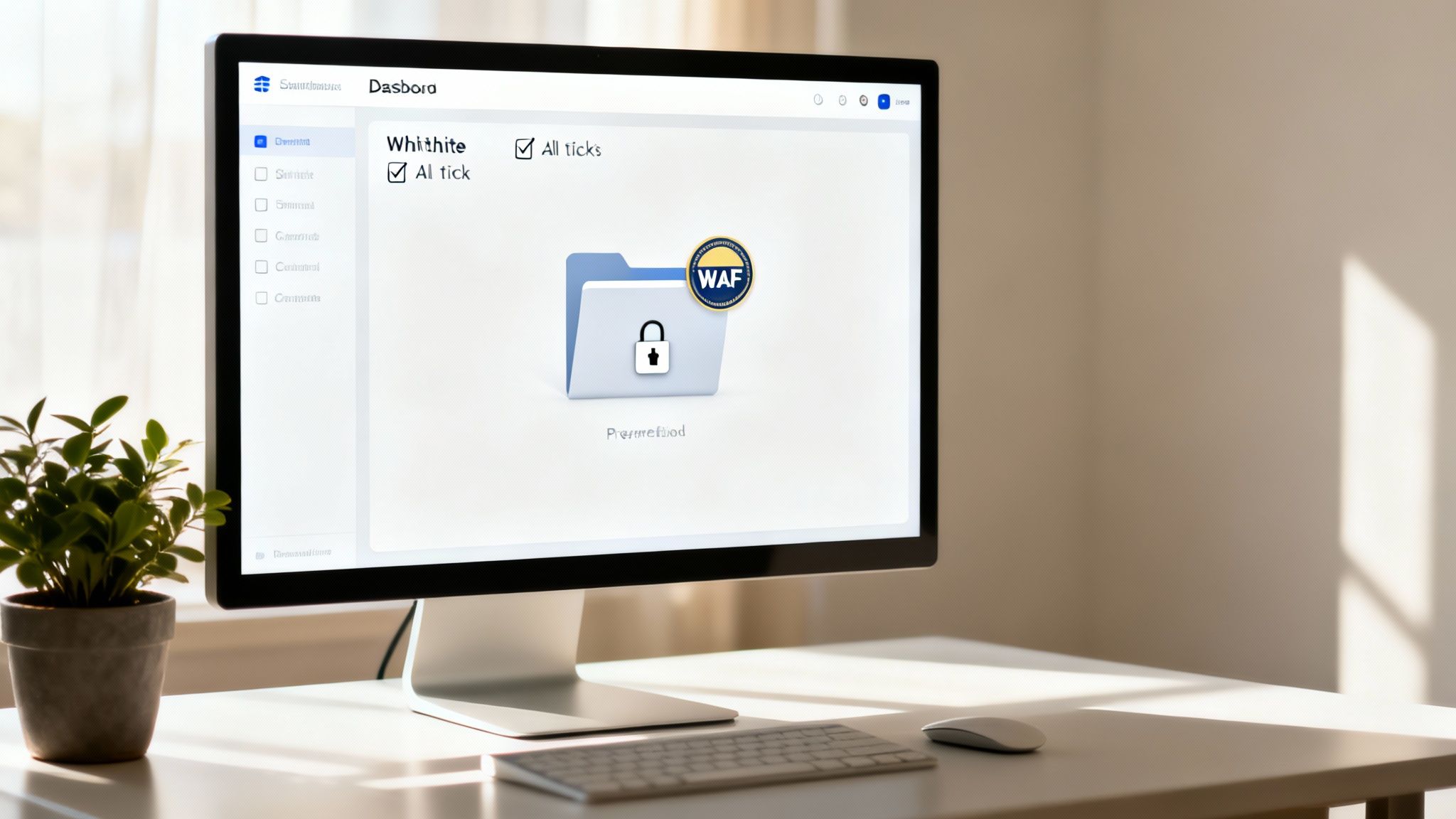 Dashboard de computadora con opciones de Whithite y All ticks, mostrando una carpeta con candado y logo WAF.
