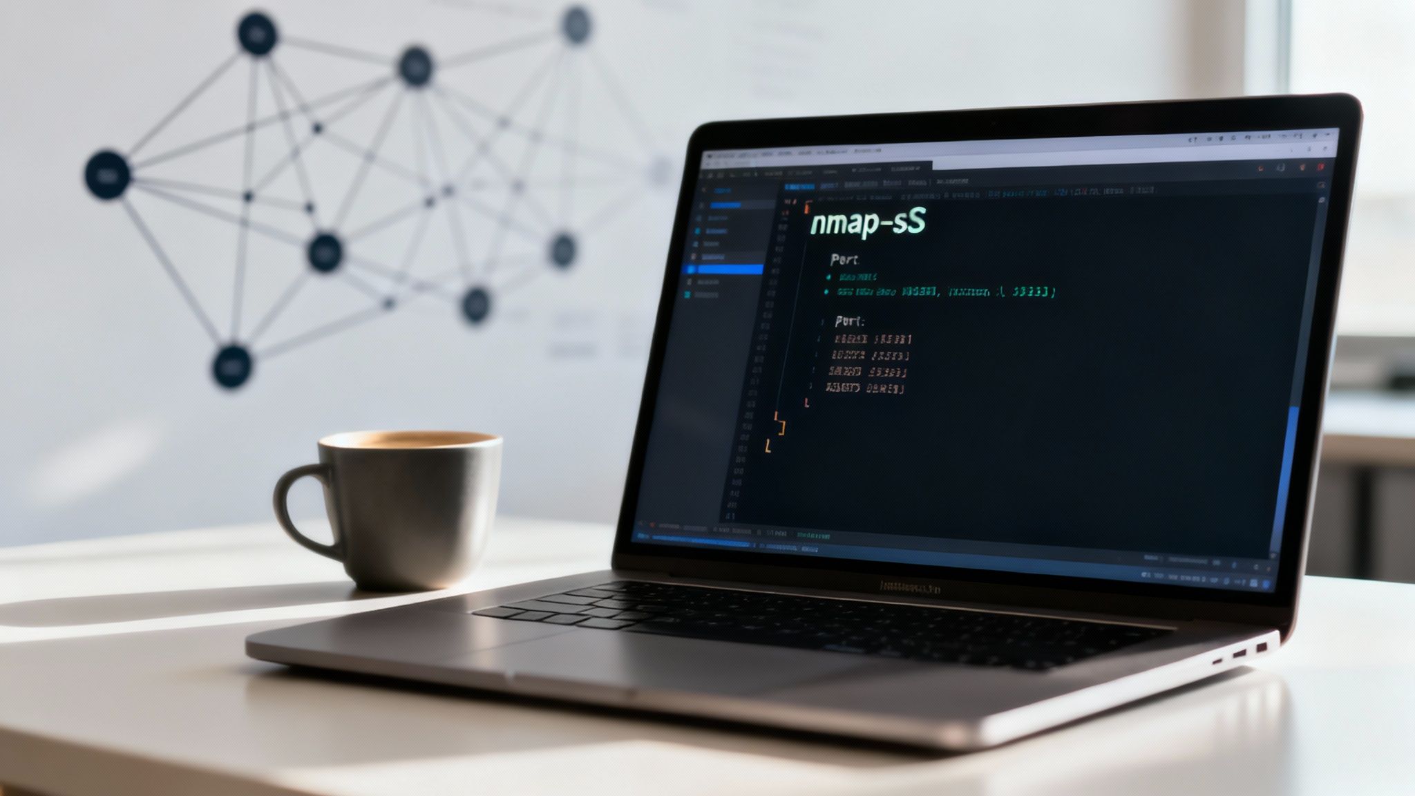 Ilustración gráfica que muestra diferentes tipos de escaneos de puertos, como SYN y TCP, dirigiéndose a una red.