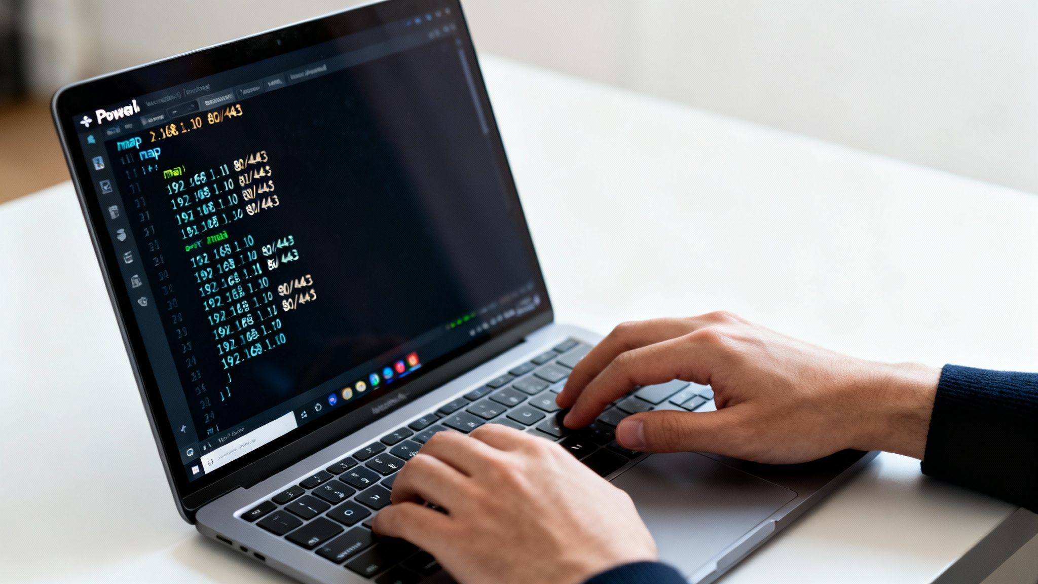 Una terminal de Windows mostrando el resultado de un escaneo de Nmap, con puertos abiertos y servicios identificados.