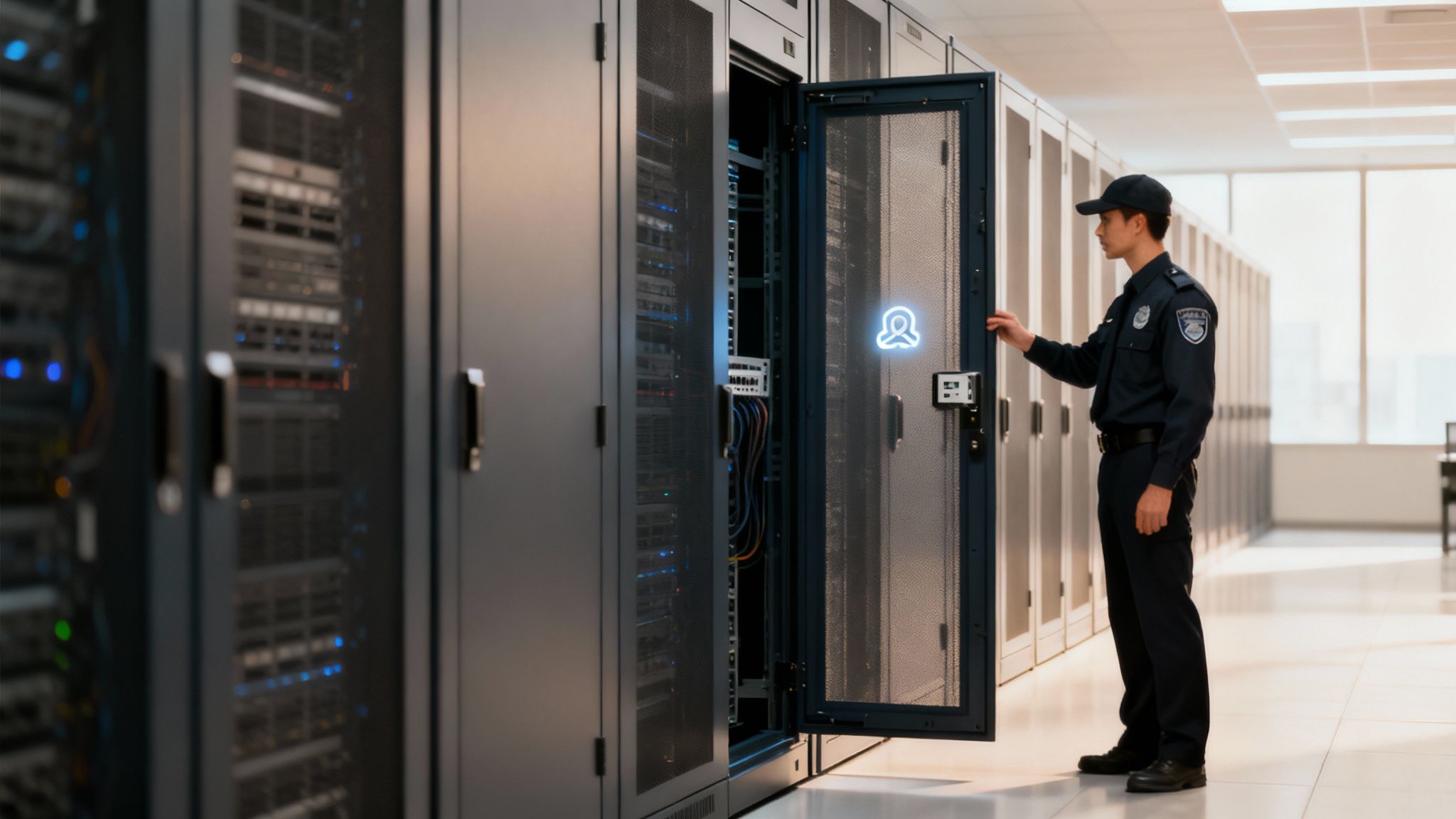 Guardia de seguridad utilizando control de acceso biométrico en centro de datos con servidores