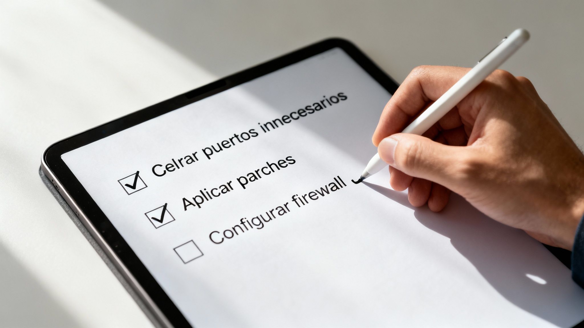 Mano marcando opciones de seguridad informática en una tablet: cerrar puertos, aplicar parches y configurar firewall.