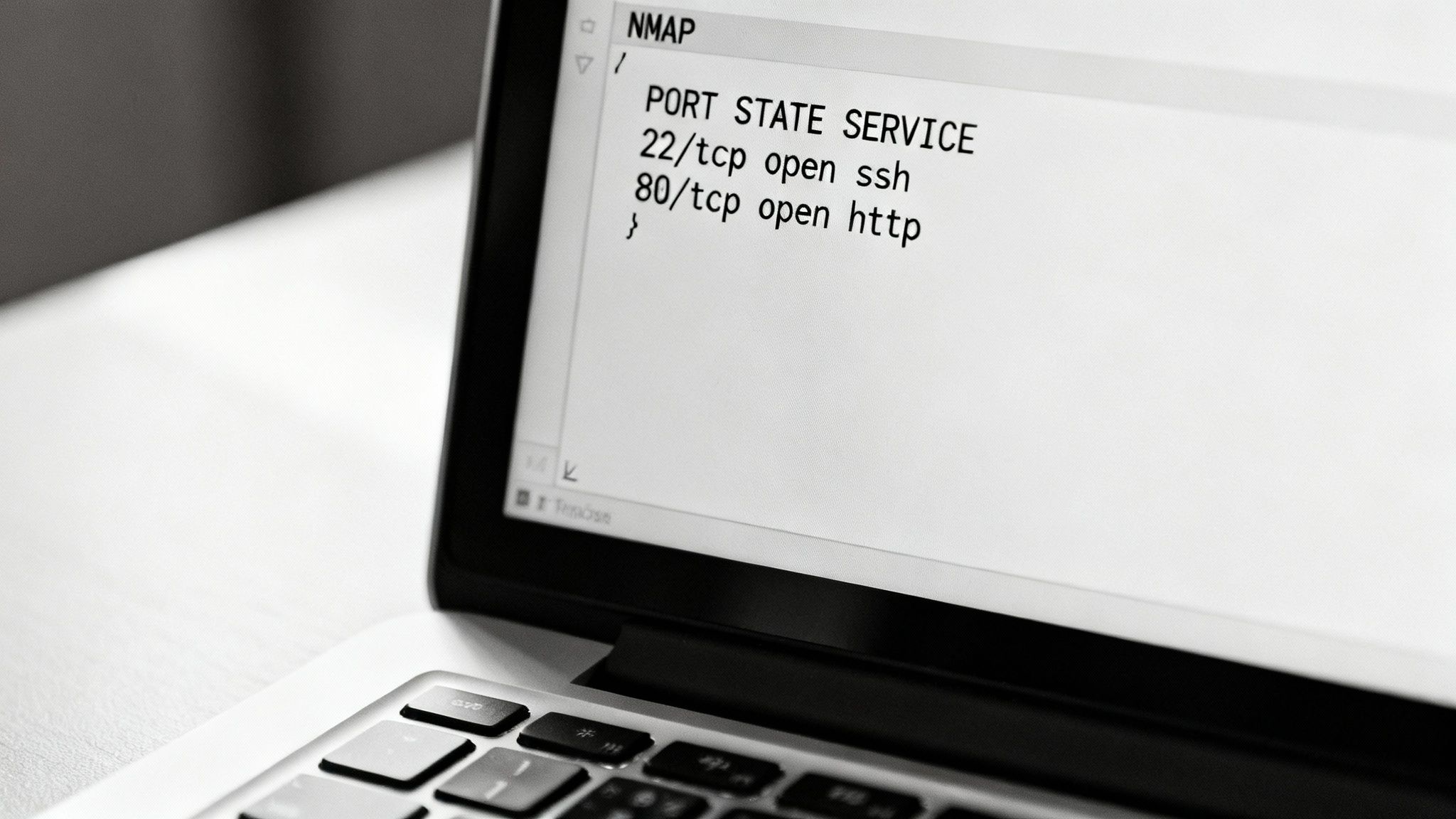 Un primer plano de un terminal de línea de comandos mostrando texto de código verde sobre un fondo negro, que representa un escaneo de puertos en curso.