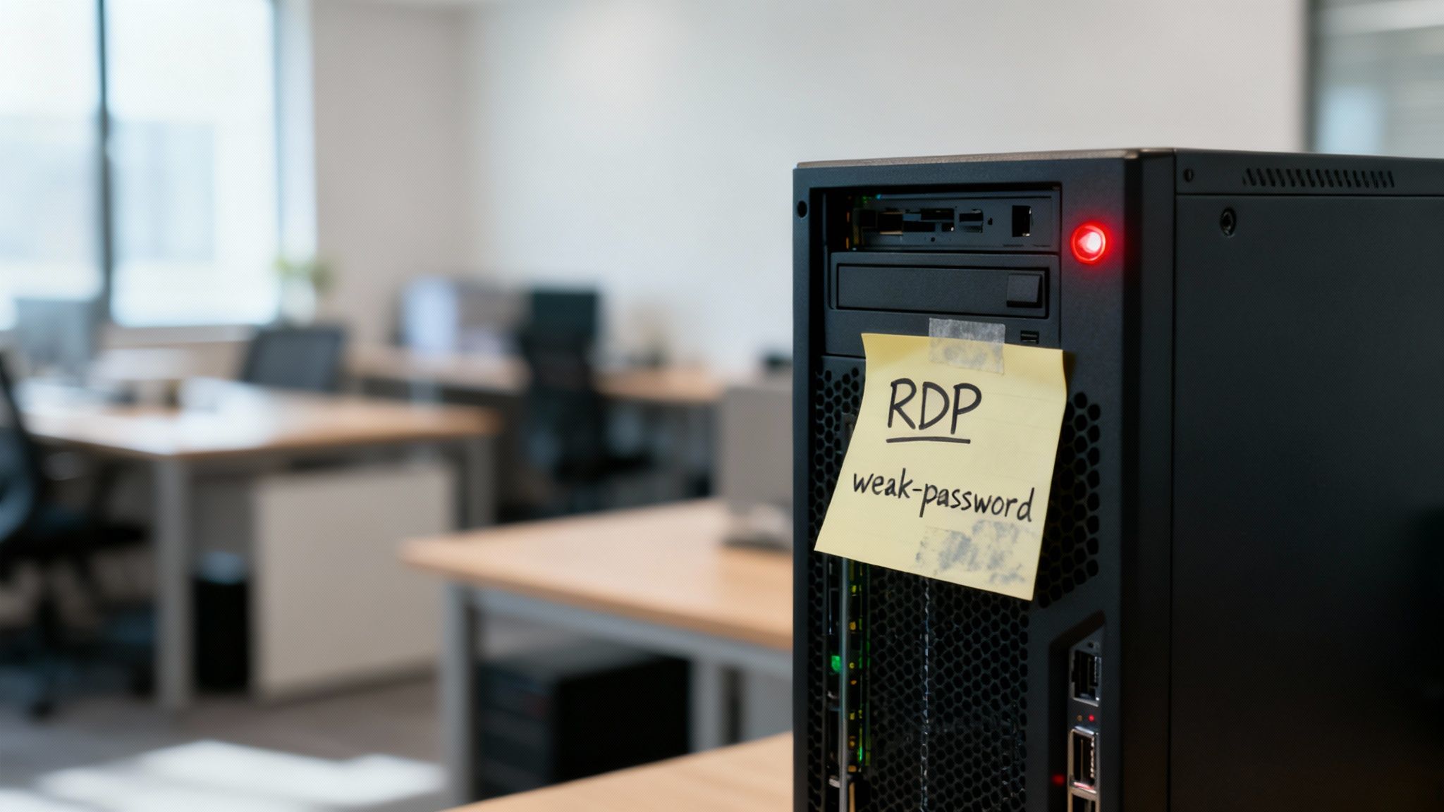 Servidor con nota adhesiva mostrando credenciales RDP débiles, representando vulnerabilidad de seguridad informática
