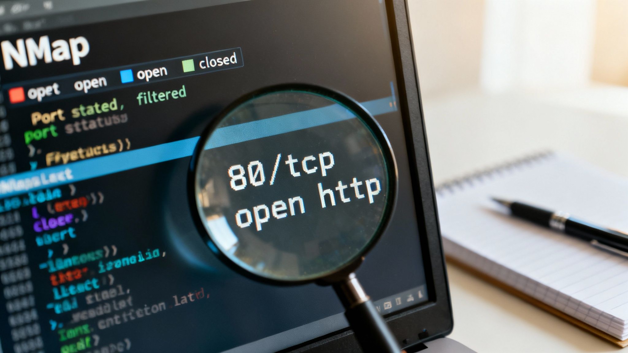 Una terminal mostrando los resultados detallados de un escaneo de Nmap, con puertos y versiones de servicios listados.