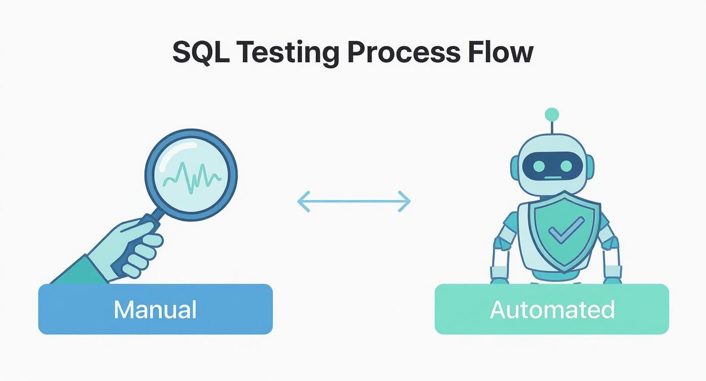 Infografía que muestra el proceso de testing SQL, con un flujo horizontal que va desde el análisis manual, representado por una mano con lupa, hasta el escaneo automático, simbolizado por un robot con un escudo.