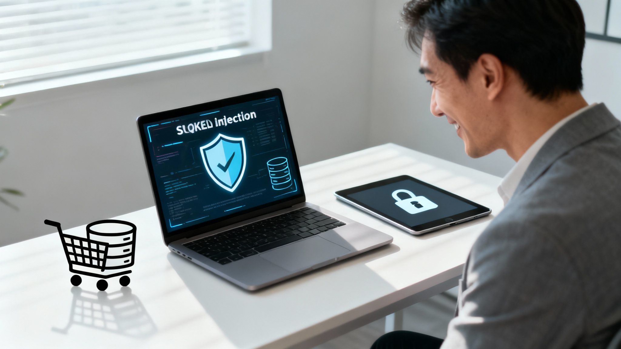 Un portátil mostrando código de seguridad con un candado superpuesto, simbolizando la protección de un ecommerce.