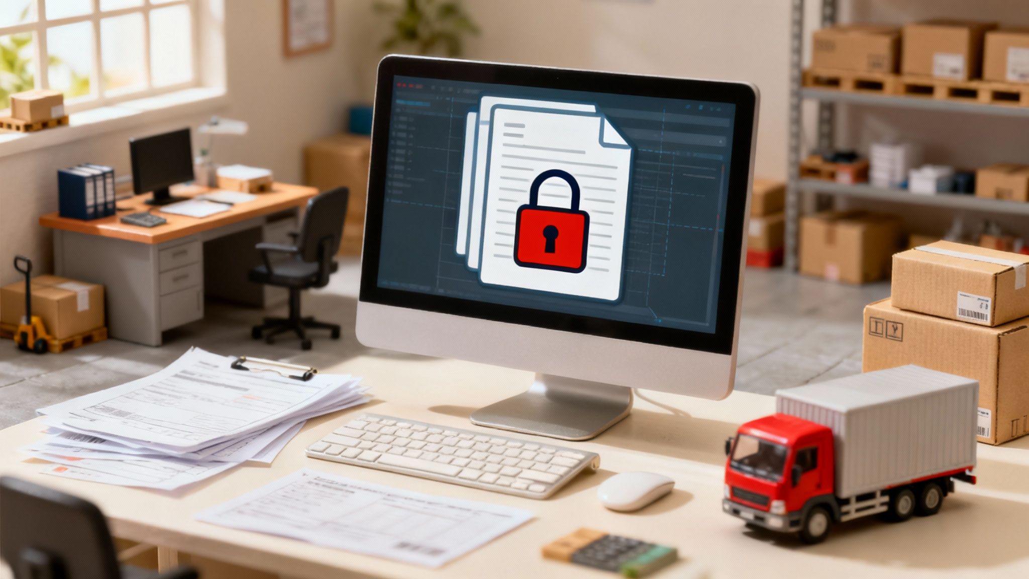 Un servidor con un candado rojo brillante y un mensaje de ransomware en la pantalla, simbolizando un ataque exitoso.