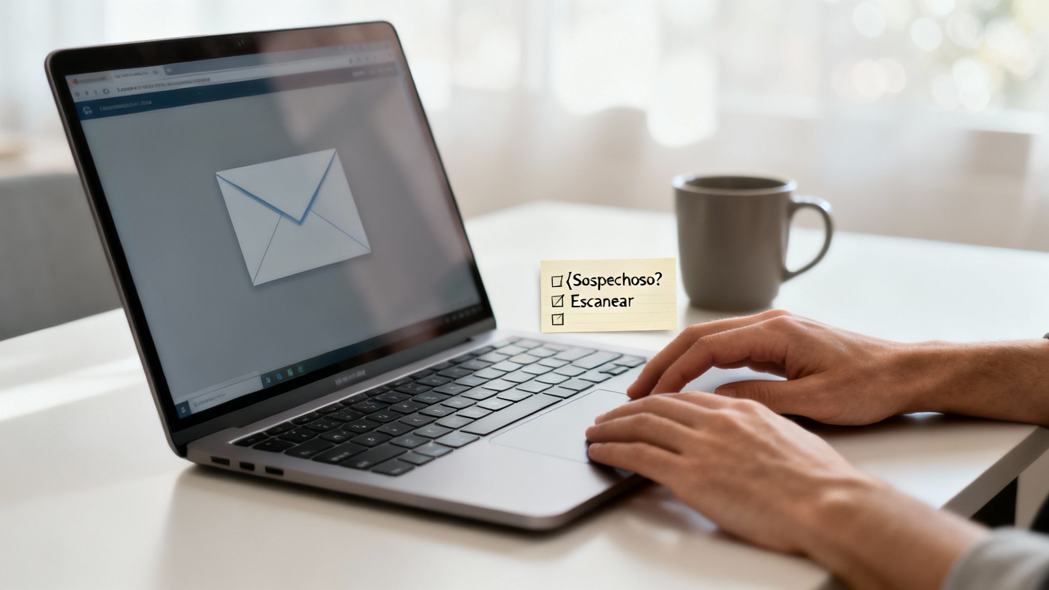 Una persona usando un portátil con un icono de escudo de seguridad superpuesto, representando la protección contra virus.