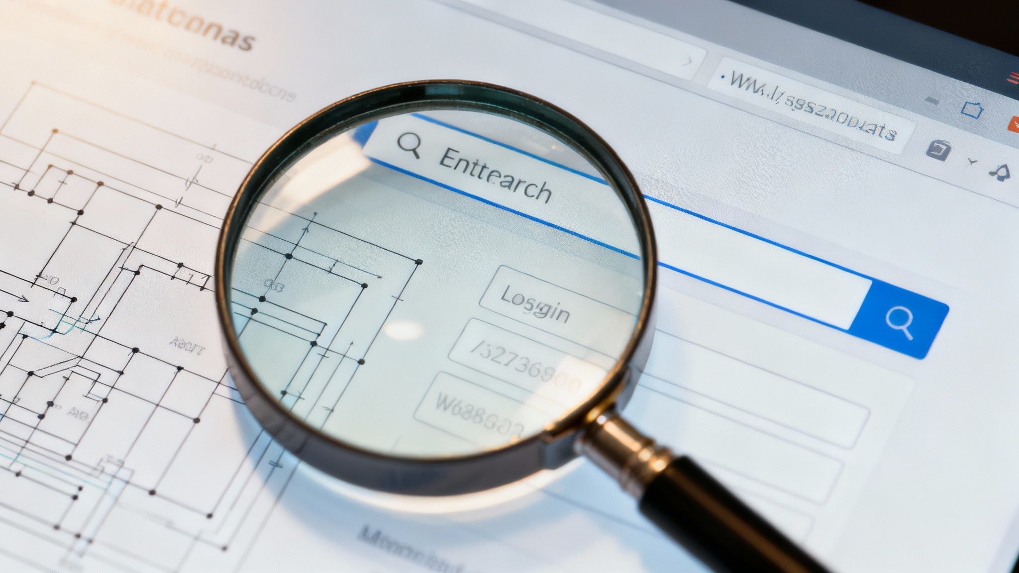 Una persona usando una lupa para inspeccionar el código de una aplicación web, simbolizando la búsqueda de vulnerabilidades.