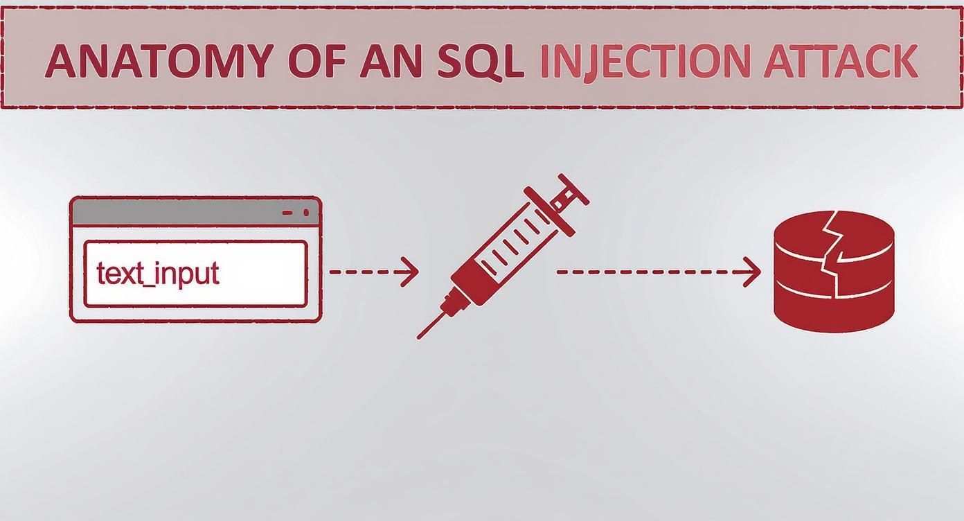 Infográfico que muestra el flujo de un ataque de inyección SQL: un usuario introduce un payload malicioso en un formulario, este se inyecta en la consulta y compromete la base de datos.