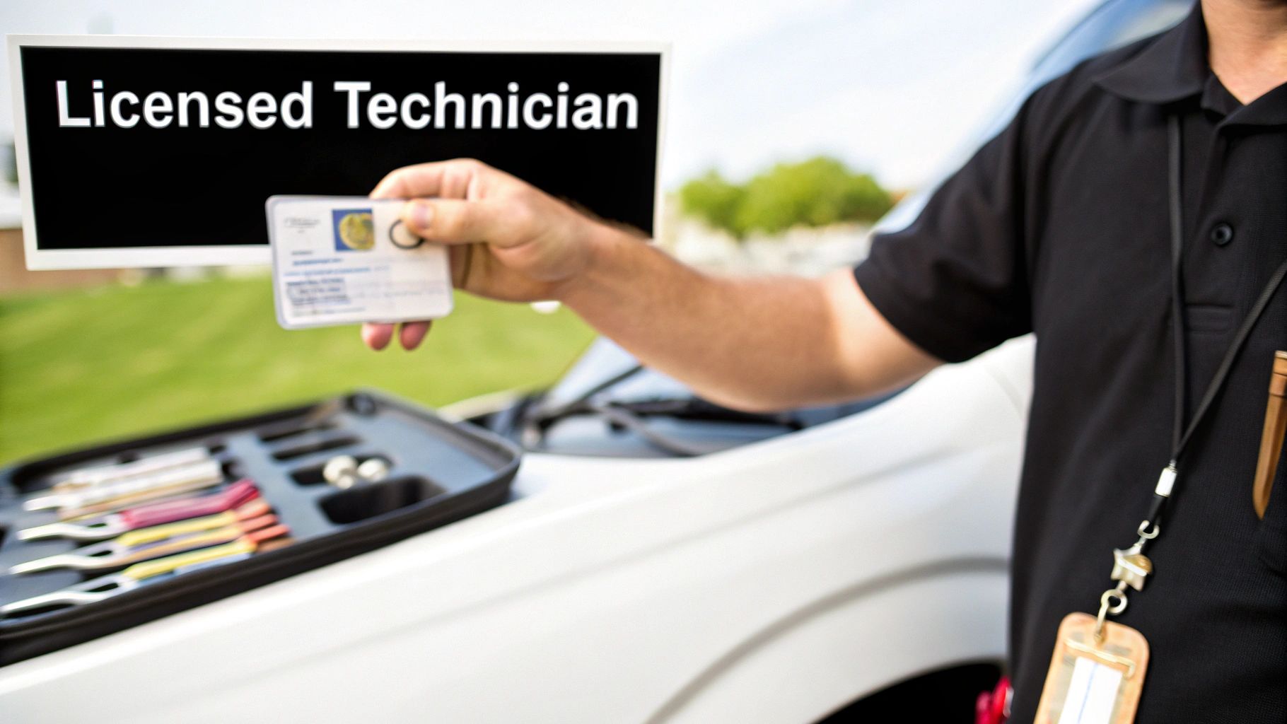 Close-up of a licensed technician holding an ID card next to a car and tool kit.