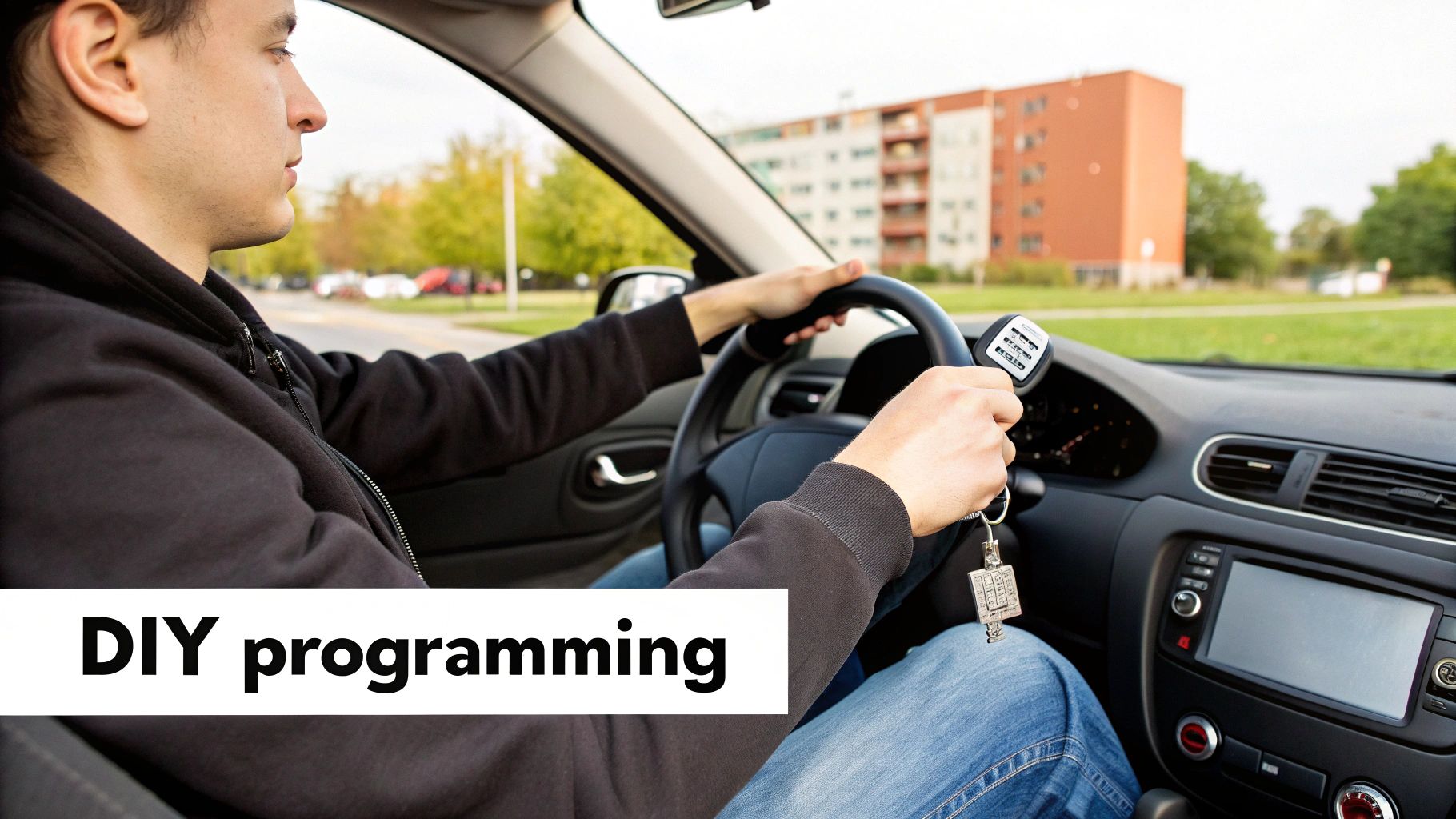 A person sits in a car, holding a remote key fob for DIY programming.