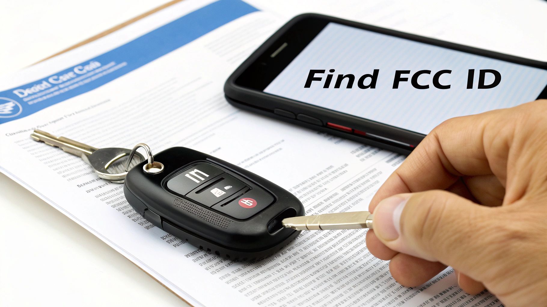 A hand uses a tool to open a black car key fob, with a phone displaying 'Find FCC ID' nearby.