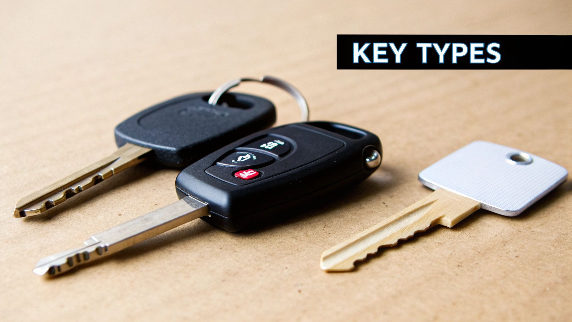 A close-up of various key types, including modern car remote keys and a traditional house key, displayed on a wooden surface.