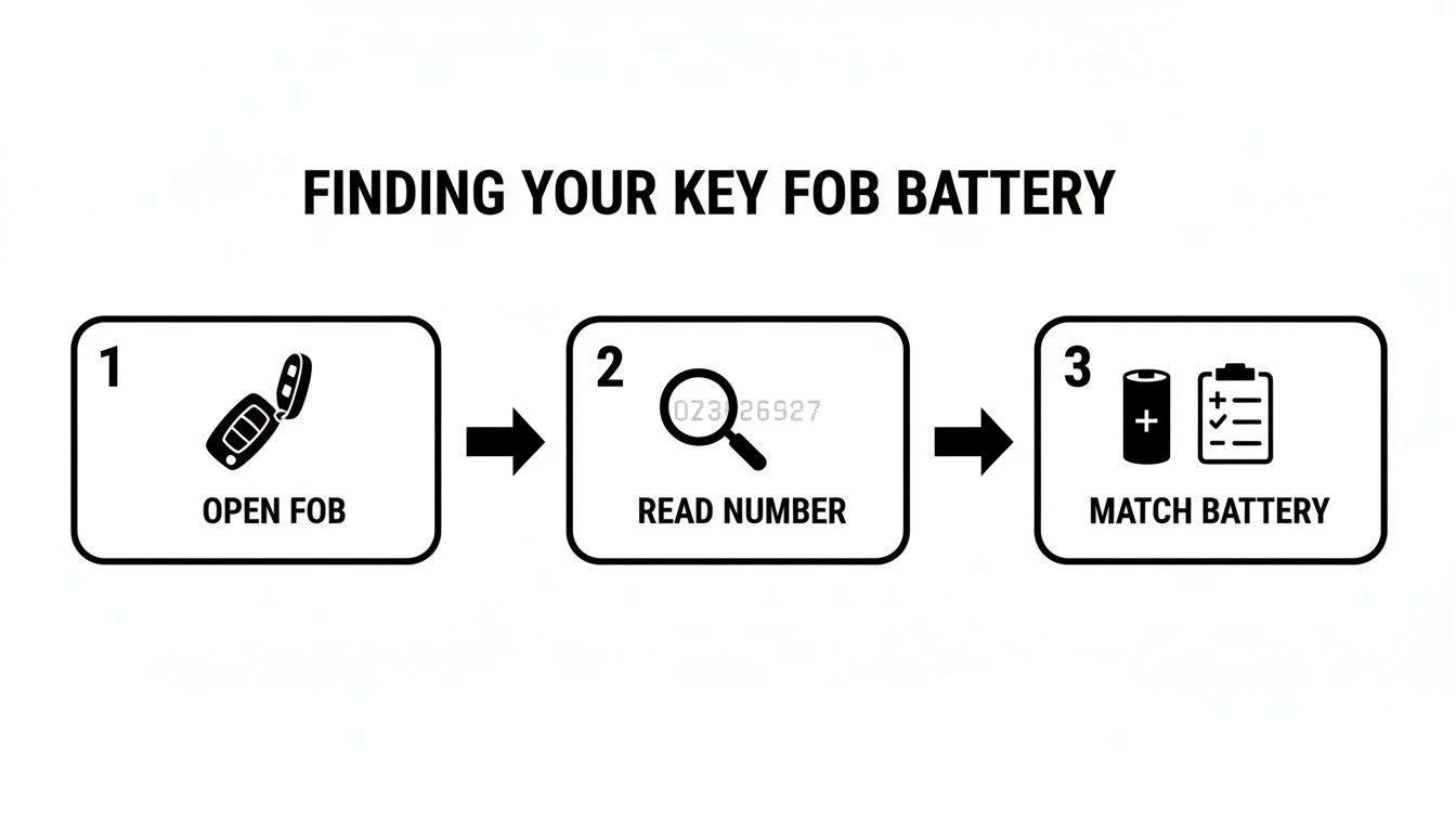 An infographic demonstrating three steps to find your car key fob battery: open, read number, and match.