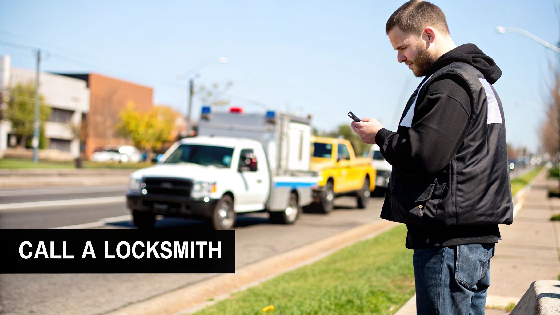 Man on roadside uses phone to call a locksmith, with service trucks and buildings blurred in background.
