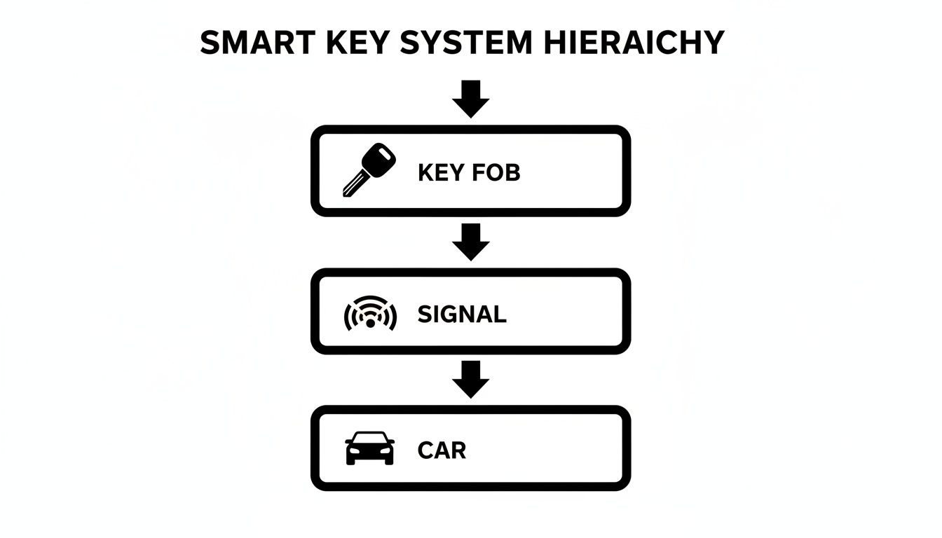 A hierarchy diagram showing the smart key system flow: Key Fob sends Signal to Car.