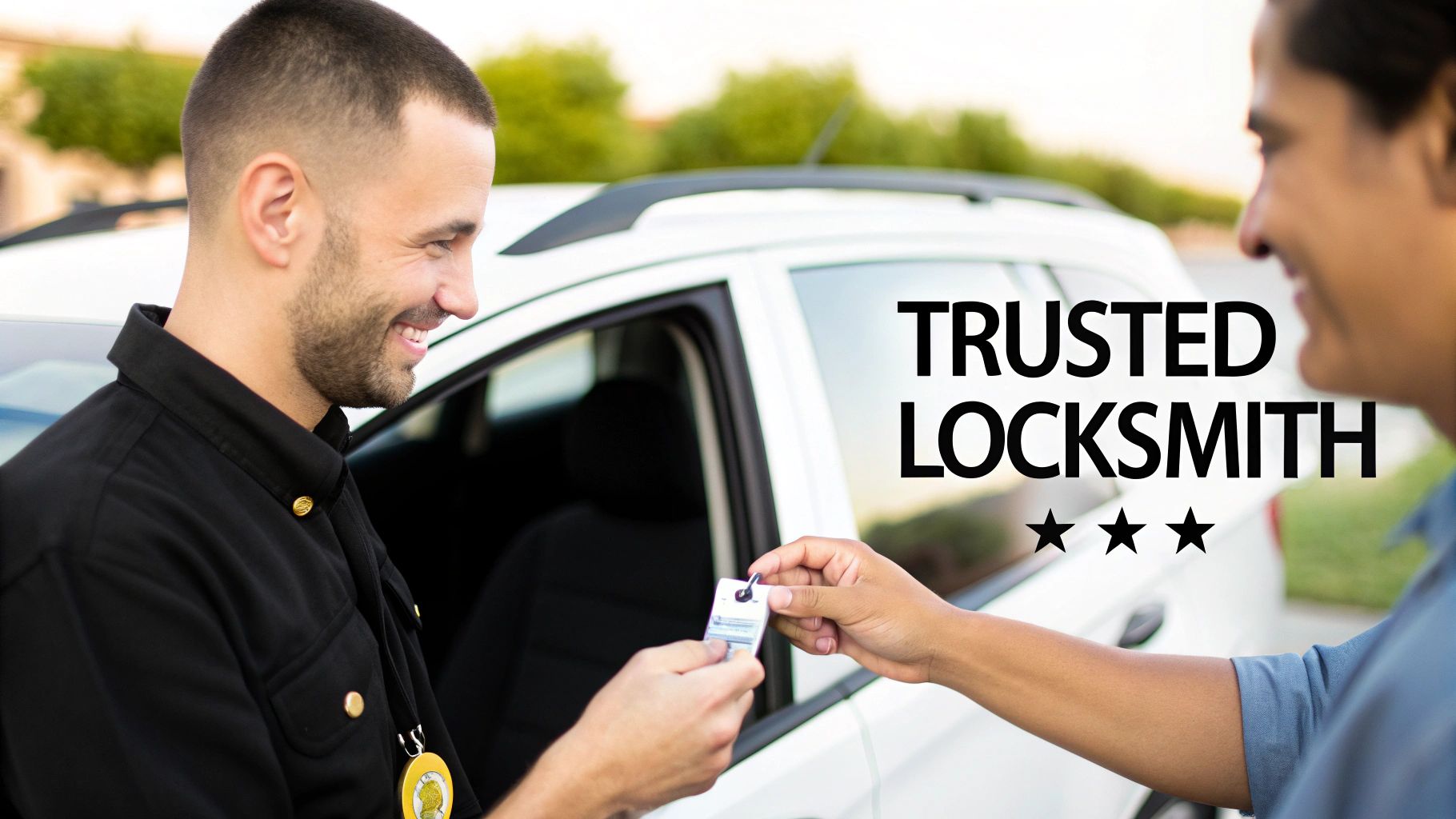 A smiling locksmith hands a car key to a happy customer beside a white car.