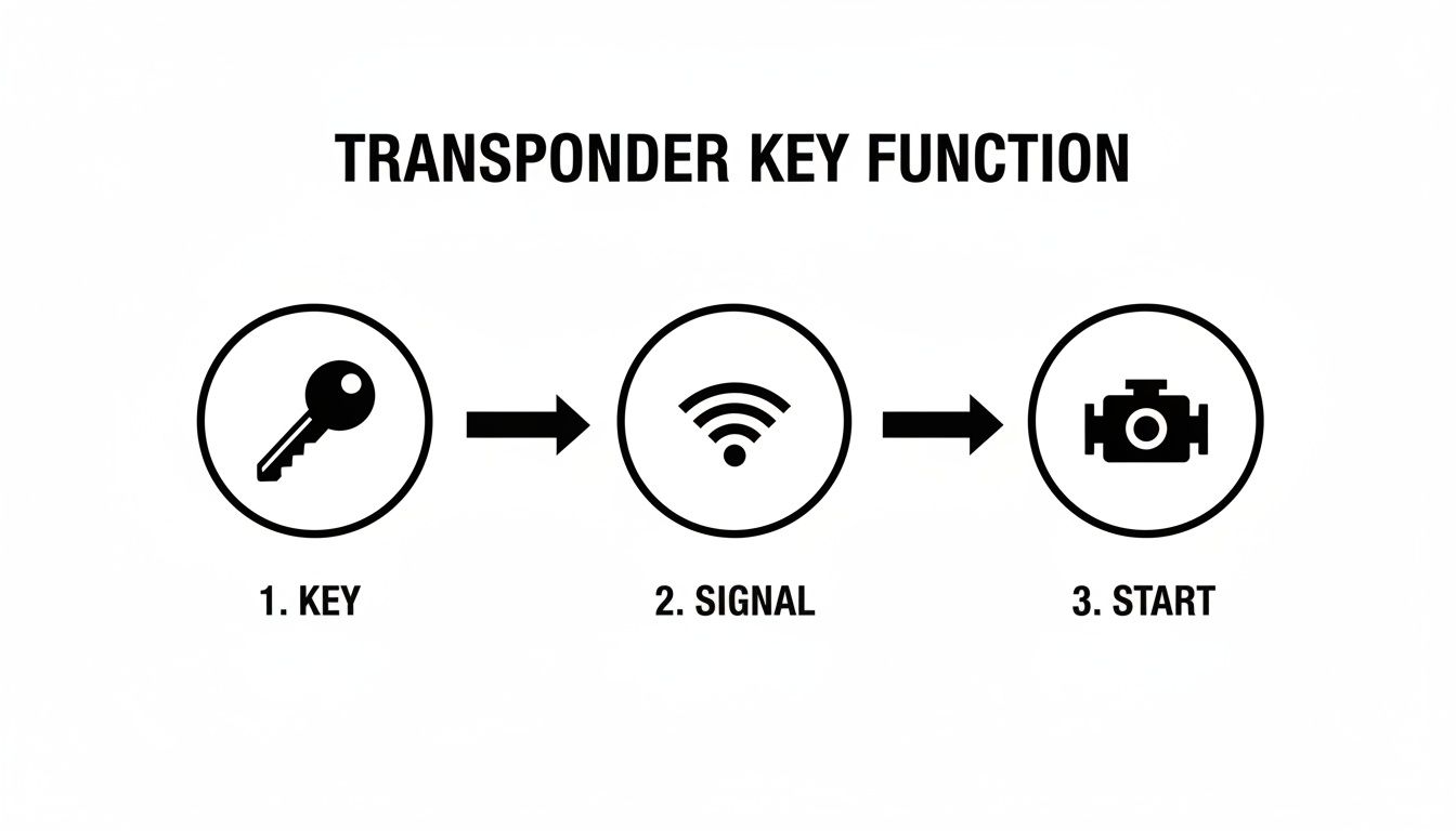 Diagram illustrating the transponder key function: key, signal transmission, and engine start sequence.