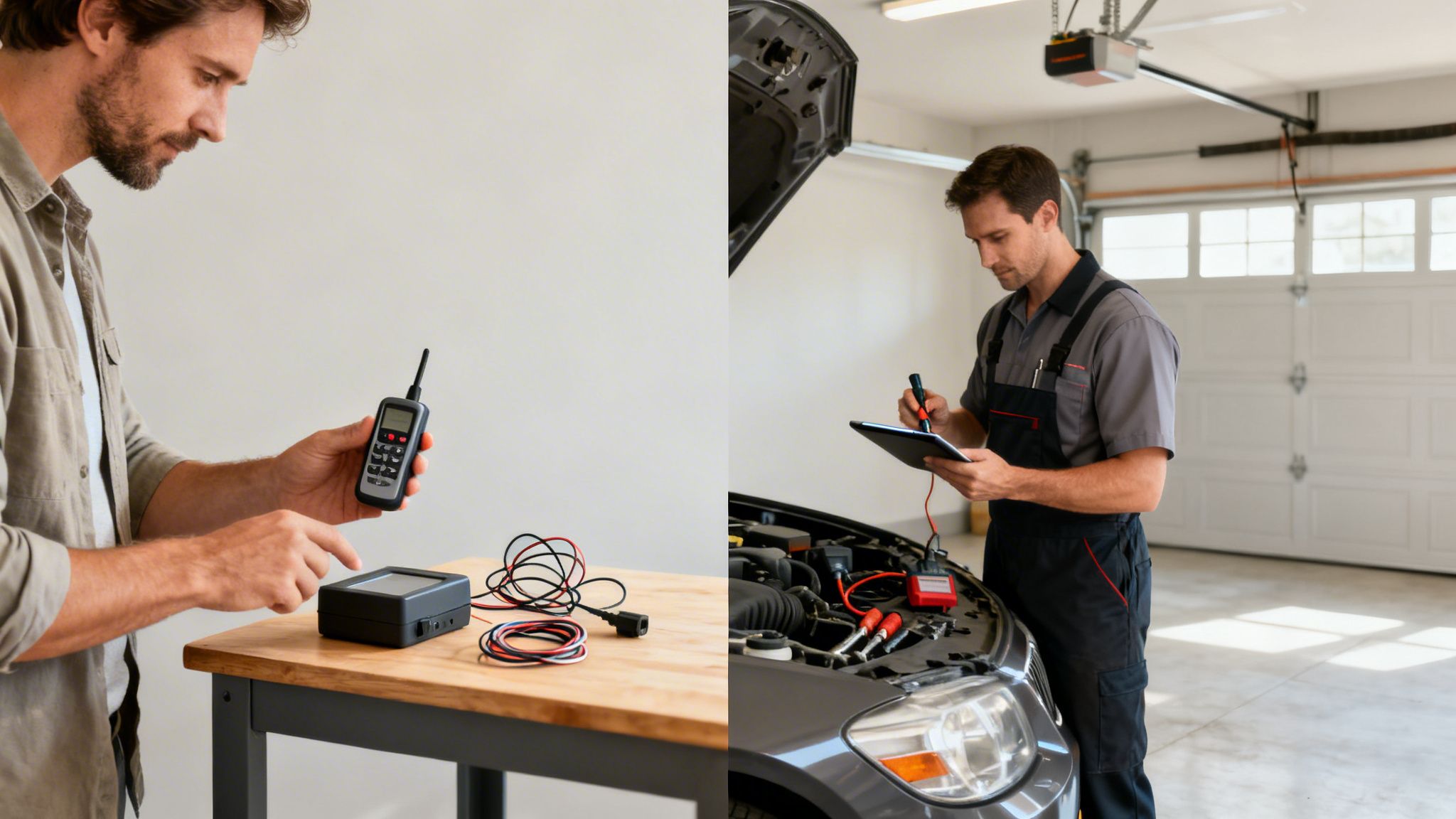 A man configuring a remote start system, and a mechanic troubleshooting a car in a garage.