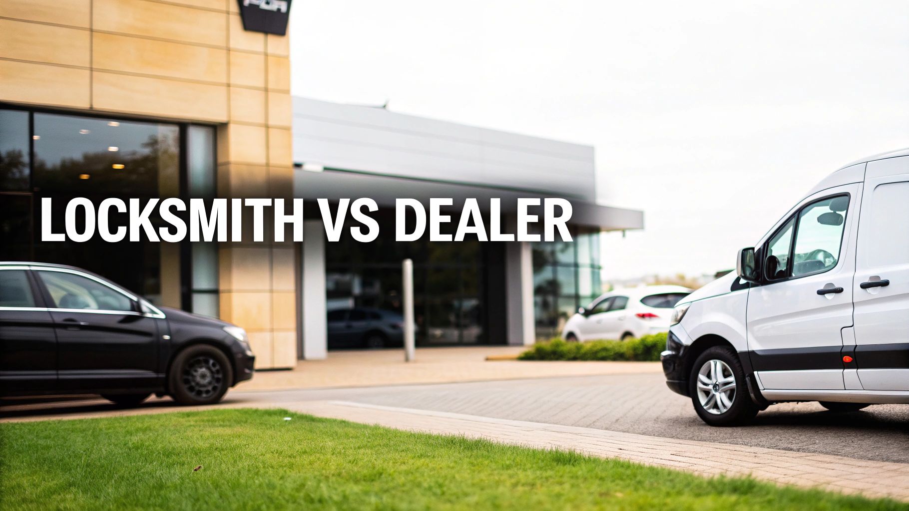 Cars parked outside a modern building with 'LOCKSMITH VS DEALER' text overlay, comparing key services.
