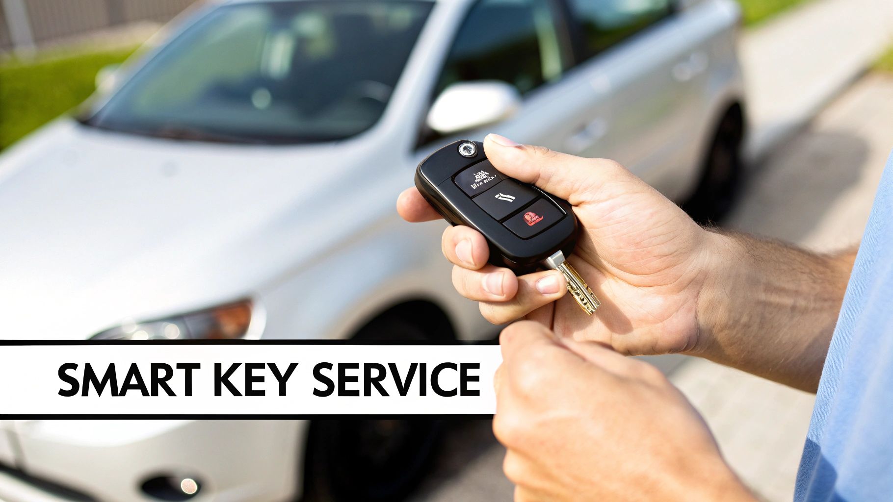 A hand holds a black smart car key fob with a metal key attached, in front of a white car.