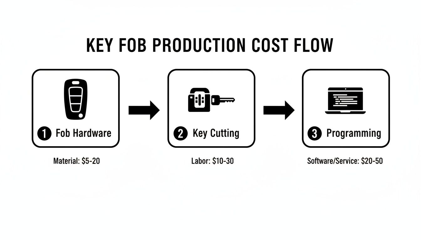 Diagram illustrating the key fob production cost flow, including hardware, key cutting, and programming expenses.