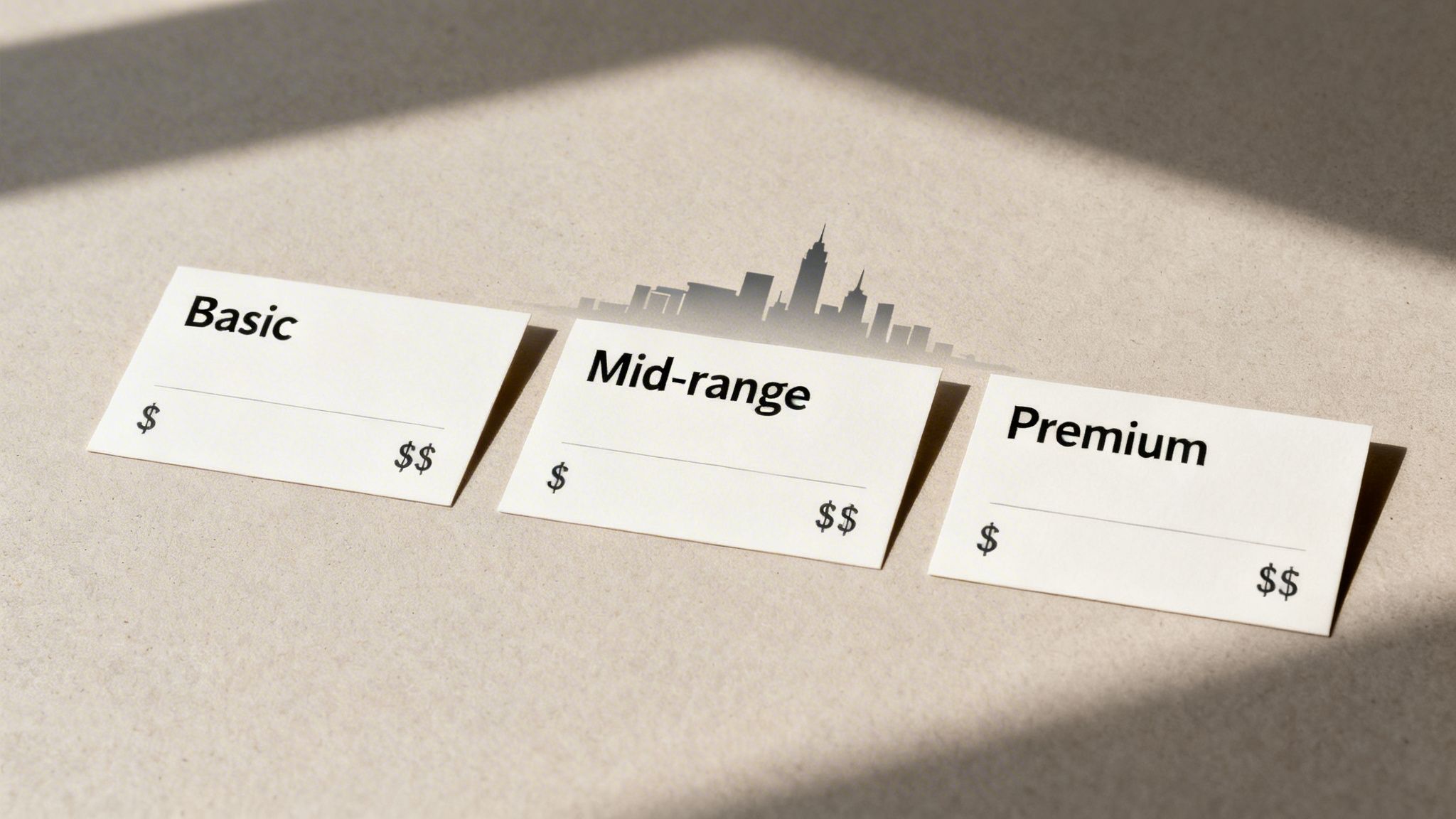 Three cards labeled Basic, Mid-range, and Premium with dollar signs and a city skyline.