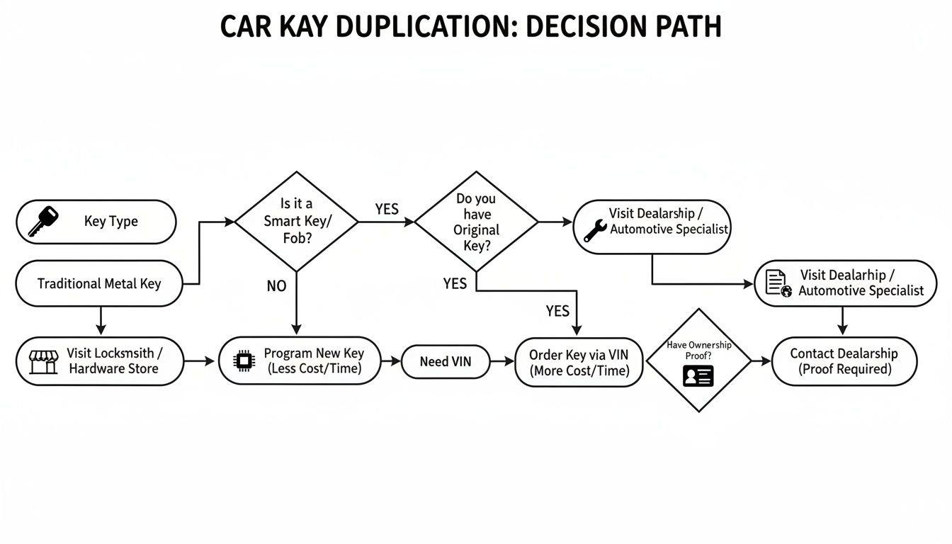 Flowchart detailing the decision path for duplicating a car key, including smart keys and traditional keys.