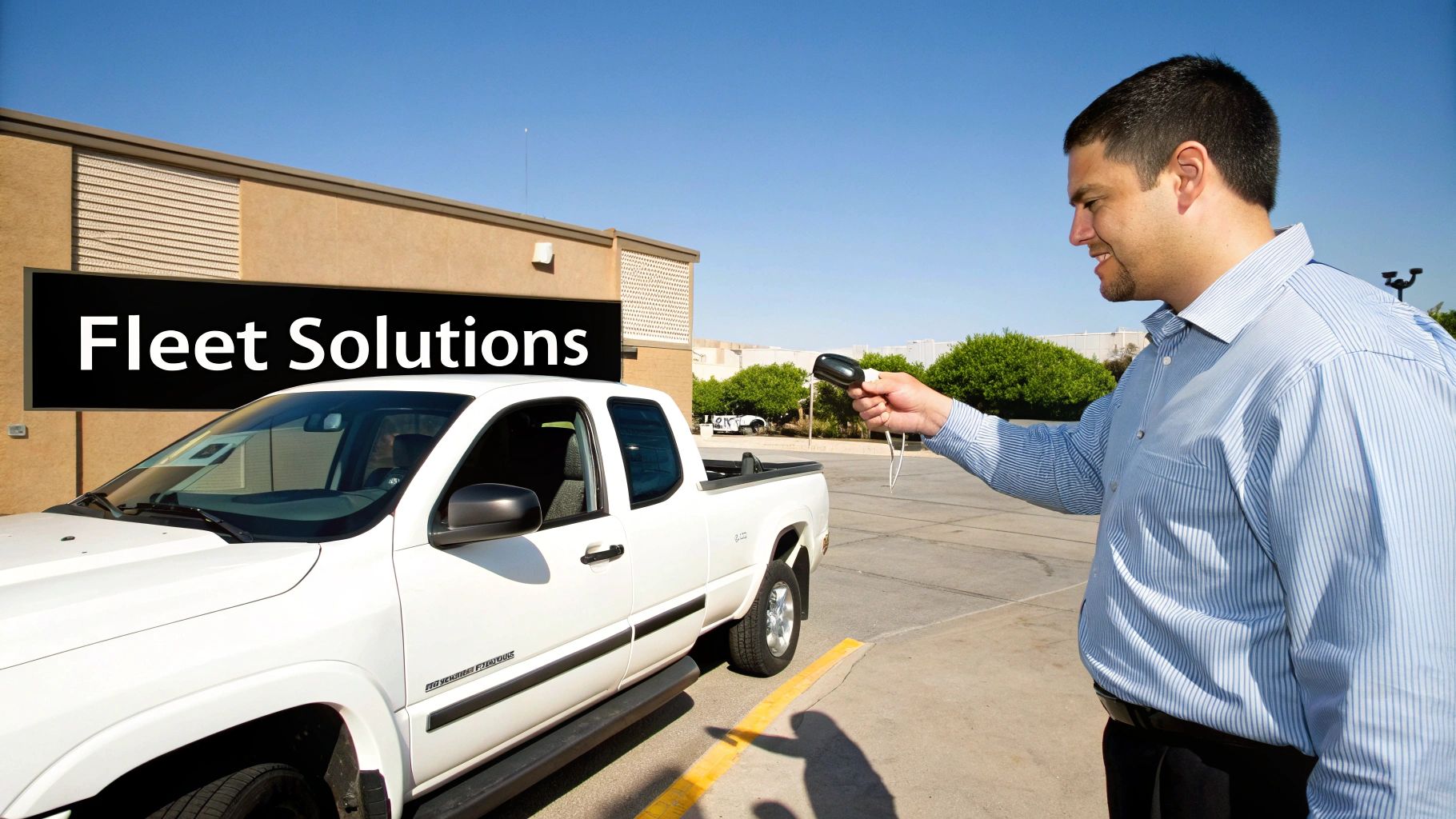 A man holding a car key fob next to a white pickup truck and a 'Fleet Solutions' sign.