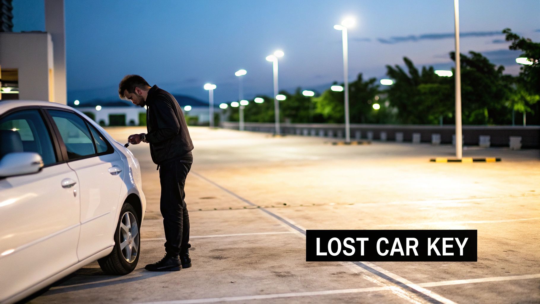 A man struggles to unlock a white car in a dimly lit parking lot at night, possibly with a lost car key.